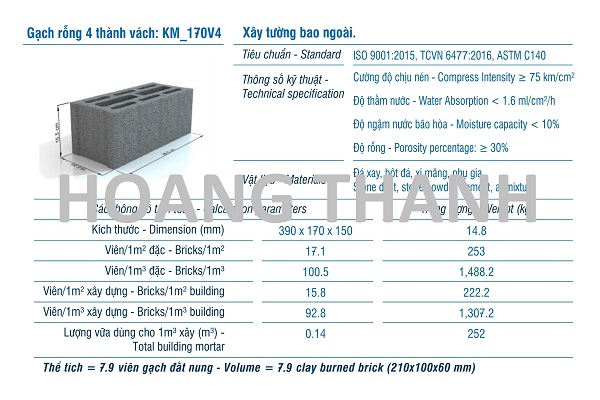 Gạch XMCL đặc xây tường 170mm hoặc 150mm